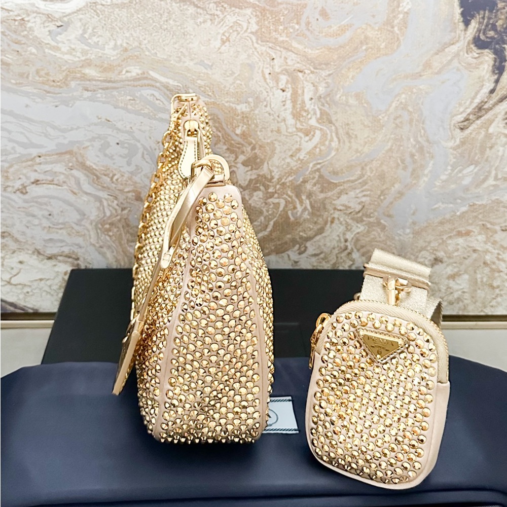 In Stores! Prada Crystal Embellished Metallic Re-Edition 2005 Gold Shoulder Bag - Picture 11 of 16